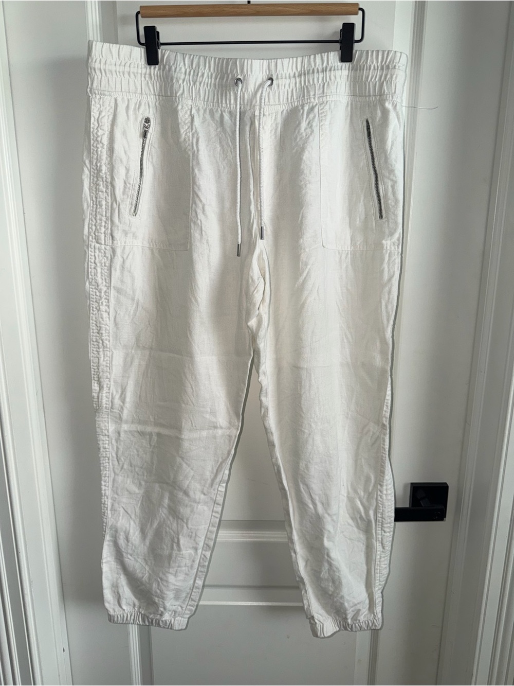 Athleta Cabo Linen Jogger Pants Womens 16 White 100% Linen Zip Pockets